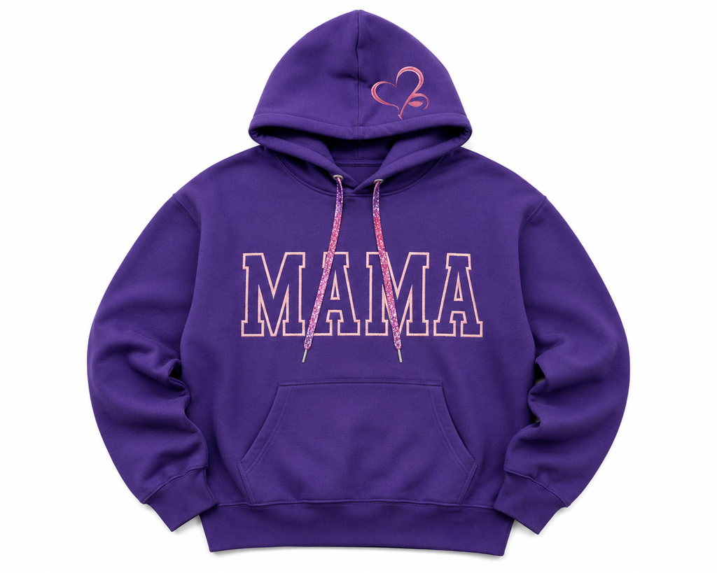 Mama Hoodie – Embroidered Pink Heart with Bling Drawstrings
