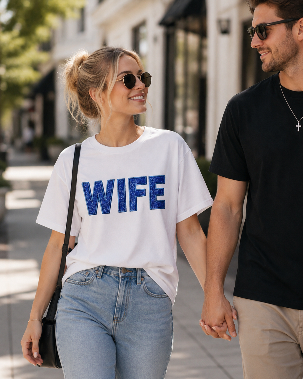 Blue Glitter HTV Embroidered "WIFE" Tee