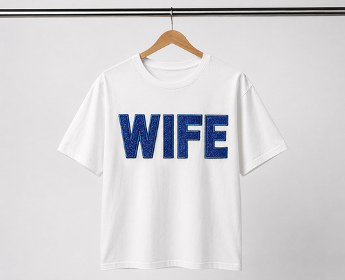 Blue Glitter HTV Embroidered "WIFE" Tee