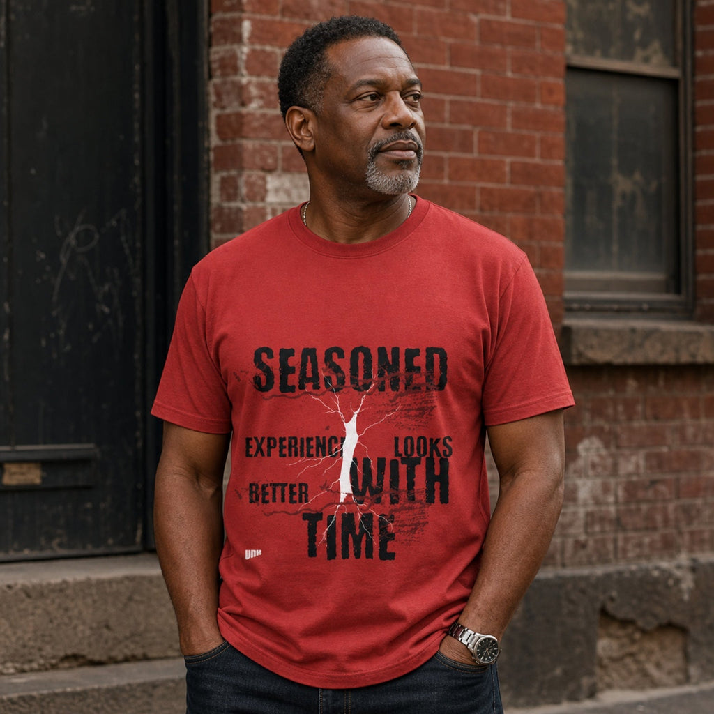 Seasoned UNK Tee lifestyle mockup on middle age African American male